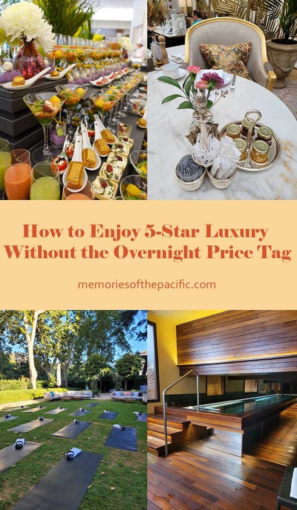 A Pinterest pin collage showing the best luxury hotel experiences in Madrid, including Sunday brunch at the Ritz and InterContinental, outdoor yoga at Villa Magna, and the Urso hotel spa